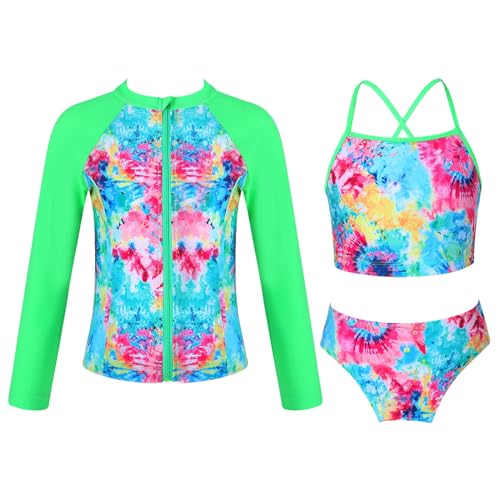 CHICTRY Kids Girls Tropical 3 Pcs Swim Cover Up Sets Zip Up Rashguard Shirts with Bikini Swimsuit