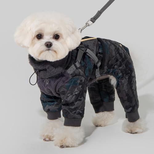Puppia Bylur Winter-Overall mit Stehkragen, durchgehendem Reißverschluss, mit integriertem Geschirr, für kleine und mittelgroße Hunde, Schwarz, Größe L