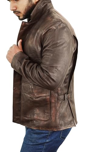 Image of Brown Leather Jacket Men - Vintage Collar Distressed Style Mens Leather Motorcycle Jacket