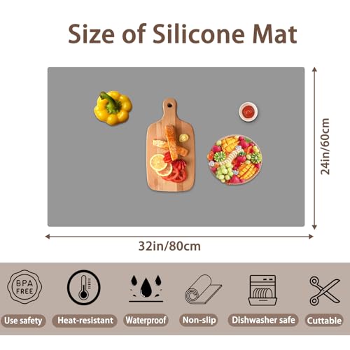 Image of 32''x24''(80cmx60cm) Silicone Mat for Kitchen Counter, Non-Slip Heat Resistant Countertop Protector, Waterproof Durable Kitchen Mat for Countertops, Islands (Light Gray)
