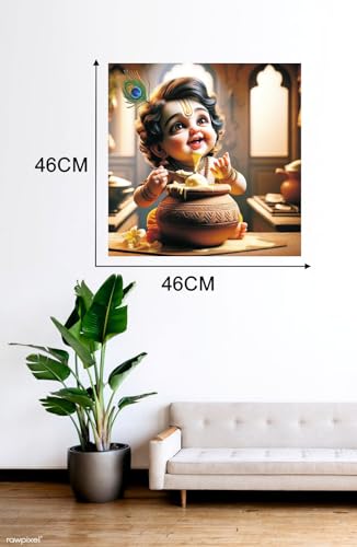 Image of Techgifti Baby Smiley Krishna Makhan Matki Wall Poster for Pooja Room, Office, Kids Room (Size- 46CM X 46CM)
