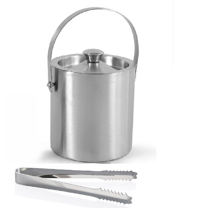 Double Walled Stainless Steel 1 Litre Ice Bucket with Lid and Ice Tong 10 Hours, Bar Tools Home, Bar Accessories, Mini Bar : 1Pc