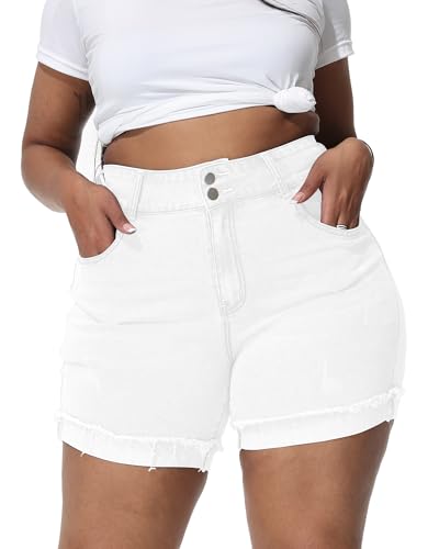 Gocolloa Womens Plus Size Jean Shorts High Waisted Stretchy Ripped Frayed Folded Hem Denim Shorts White 18W