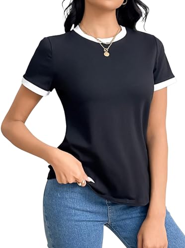 Remidoo Womens Ringer Tee Crew Neck Color Block Casual Summer Short Sleeve T Shirt3