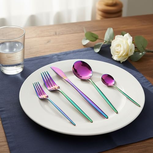 Image of 30 Pcs Rainbow Cutlery Set for Dining Table the Perfect Lightweight Silim Handle Tableware Including Dinner Spoon, Dinner Fork, Dinner Knife, Dessert Spoon & Dessert Fork