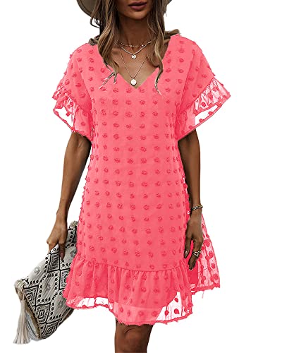 MIRACMODA Women V Neck Swiss Dot Dresses Short Sleeves Casual Ruffle Babydoll Mini Dress Pink
