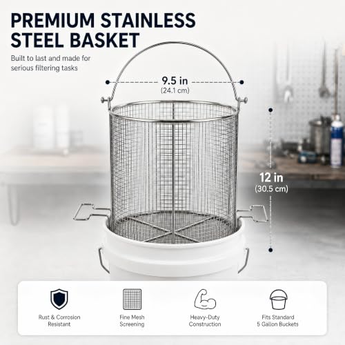 5 Gallon Stainless Steel Immerse and Drain Parts Cleaning Basket | 1/4 Inch Mesh Bucket Strainer with Swing Handle for Gold Panning, Auto Parts, Compost Tea, Garage, Bucket Not Included miniatura 2