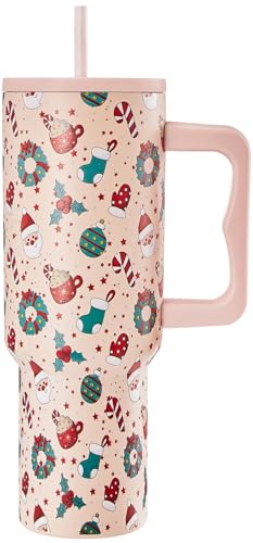 TaroKitc 40 oz Christmas Tumbler with Handle and Straw, Xmas Stainless Steel Insulated Travel Mug, Cup Holder Friendly, Holiday Gifts for Women Men Adults, Rose Quartz Christmas Stars