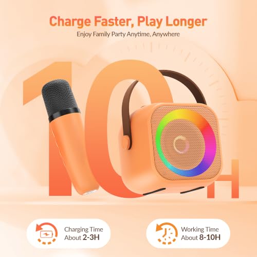 Image of Karaoke Machine for Kids Adults: Mini Portable Karaoke Machine with 2 Wireless Microphones and Lights, Christmas Birthday Gifts for Girls Boys Family Home Party(Orange)