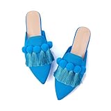 Meknitva Pointed Toe Mules for Women Flats Comfortable Dressy Casual Loafers Shoes Tassel Trim Backless Flats Blue Size 9