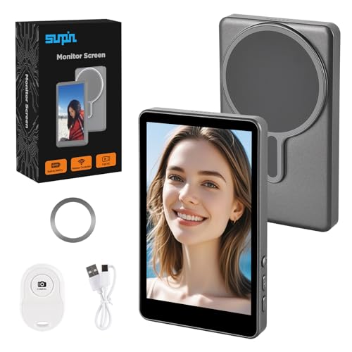 SUNPIN Magnetic Selfie Monitor with Speaker, Wireless Clip-On Vlog Screen for iPhone & Android, Rear Camera Live View Display, Portable Rechargeable Travel Video Accessory (Gray)