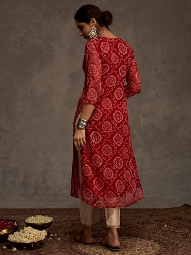 Image of INDO ERA Women's Georgette Leheriya Printed Straight Calf Length Kurtas (IEAI12232)