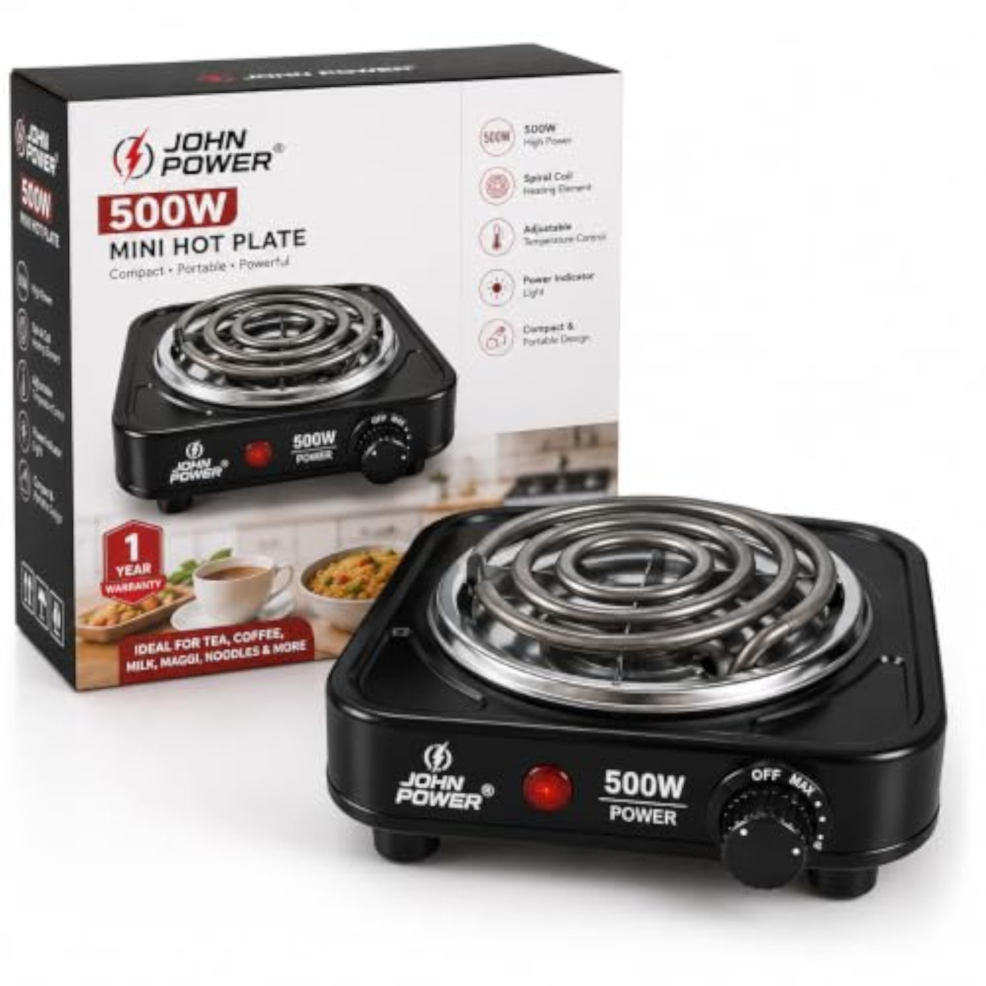 John Power 500W Mini Electric Hot Plate, Black