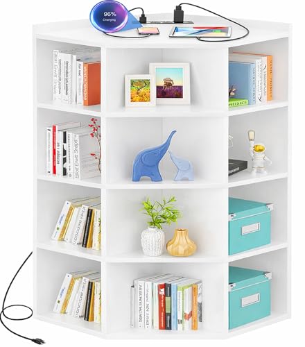 Aheaplus Corner Cabinet, 5-Tier Corner Bookshelf with Power Outlets, Corner Cube Storage Shelf with Top Table, Wooden L Cubby Toy Storage with 12 Cubes for Home Office, Bedroom, Living Room, White