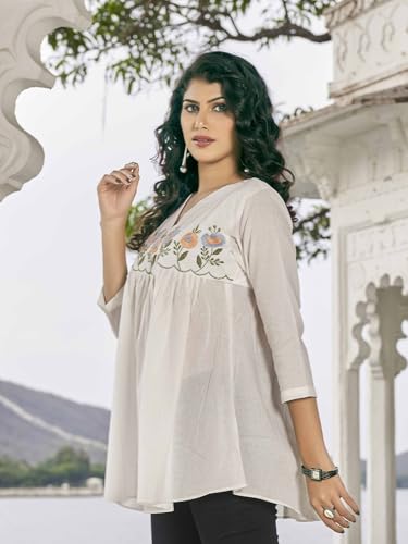 Image of Women's Viscose Cotton Embroidered Tunic Dress | Ethnic Motif 3 /4 Sleeve V-Neck Dress