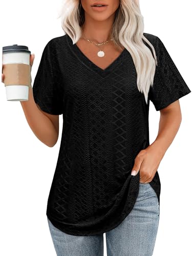 Womens T Shirts V Neck Short Sleeve Casual Tops Loose Fit Basic Tees with Curved Hem