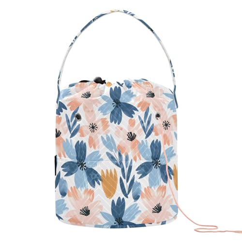 Yarn Storage Bag Small Crochet Bag Knitting Bag Organizer Abstract Flowers Pink Blue Yarn Bags for Crocheting Basket