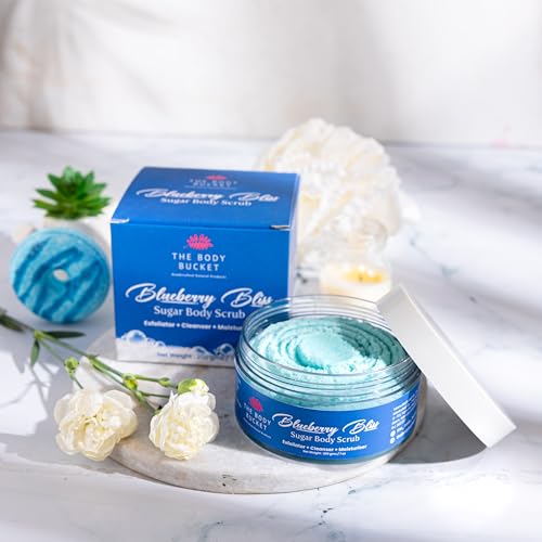 Image of The Body Bucket Blueberry Bliss Sugar Body Scrub- 200g | Included Free Bath Bomb | 3-in-1 Exfoliator, Cleanser, Moisturizer | De-Tan & Brightens Dark Areas| Smooths Strawberry Legs & Arms | Sulfate & Paraben Free