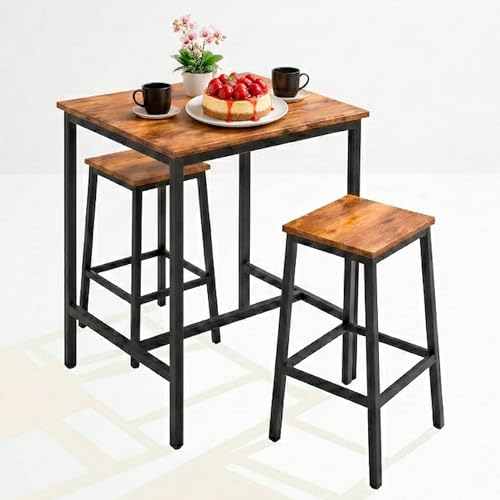 Marctani Juego de Mesa Alta Cocina con Taburetes (Set de 3 Piezas) - Mesa Alta Bar de Estilo Industrial 90 x 60 cm - Estructura de Metal Negra y Madera MDF - Patas Antideslizantes y Antirayones
