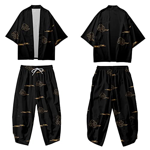 Image of DOSLAVIDA Men's Japanese Kimono Jacket Set Stylish Open Front Coat With Shorts Chinese Style Printed Cardigan Suit