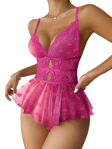 Image of Lilosy Sexy Bows Floral Lace Mesh Babydoll Lingerie Romper