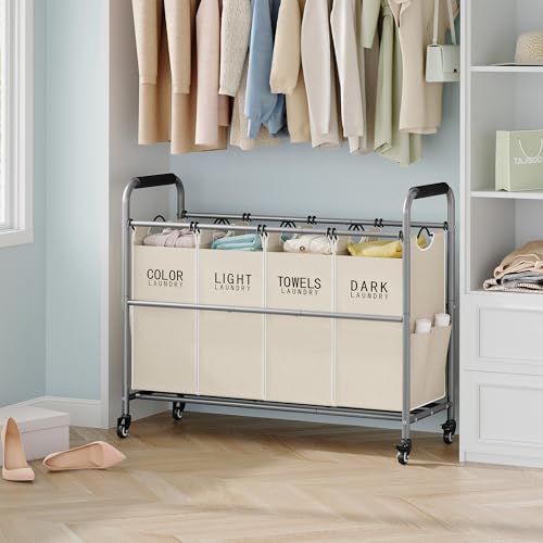 Tajsoon 4 Bag Laundry Sorter Cart, 4 Section Laundry Hamper Sorter with Heavy Duty Lockable Rolling Wheels, Laundry Separator Hamper with Removable Bags for Dirty Clothes Storage, Beige by Tajsoon - Image 7