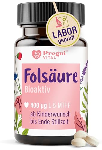 PregniVital Folsäure 400µg - L-5-MTHF Folsäure Kinderwunsch und Schwangerschaft* - hochdosiert, optimal bioverfügbar - 120 Tabletten