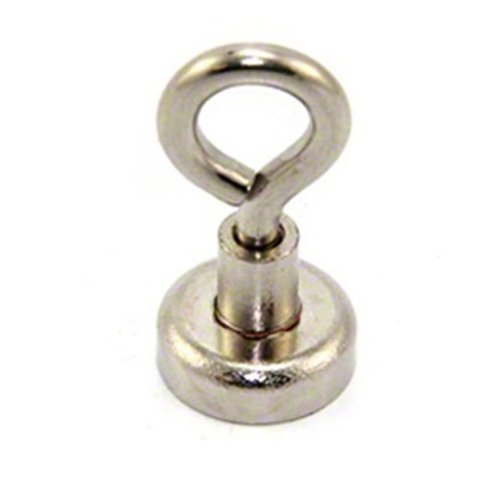 First4magnets Silver Neodymium Clamping Magnet With M4 Eyebolt For Hanging, Holding Or Displaying Items - 16Mm Diameter X 32Mm High - 9.7Kg Pull