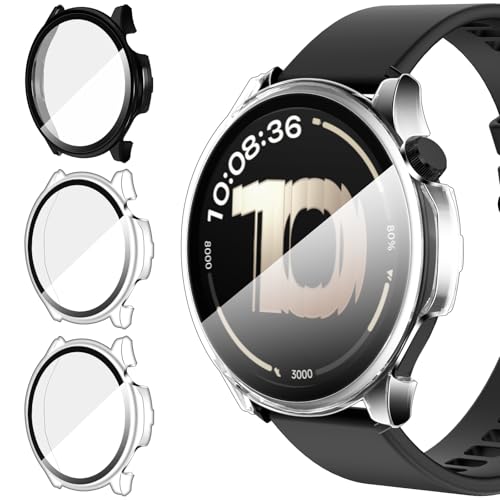 iVoler 3 Pezzi Cover con Vetro Temperato per Oneplus Watch Lite/Oppo Watch S, Copertura Completa Pellicola Protettiva Custodia Antiurto, Sottile Anti-Graffio Rigida Case, 2 Trasparente + 1 Nero