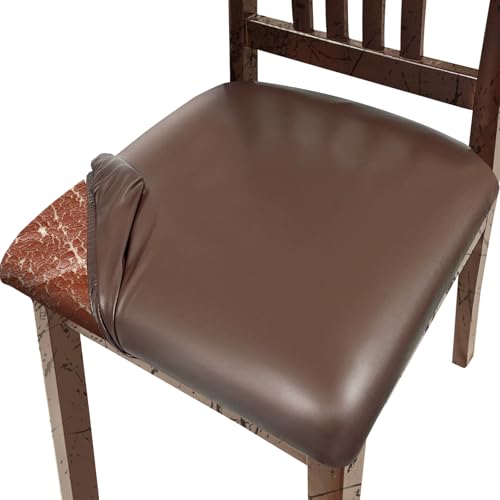 Image of Pu Leather Dining Chair Seat Covers Set of 8, Waterproof Kitchen Chair Covers Stretch Chair Cover for Kitchen /Dining Room /Hotel, Tasteless seat Covers for Chairs (Coffee - 8 PCS)