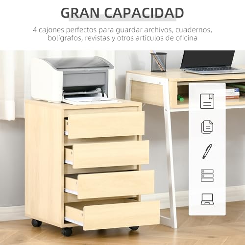 Miniatura 5 de Homcom Cajonera De Oficina Con 4 Cajones Cajonera De Escritorio Con Ruedas Archivador Móvil Para Estudio 46x40x65 Cm Natural