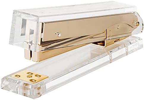 E&O Gold Stapler Acrylic,One Finger,No Effort,Spring Powered Stapler,20 Sheets Capacity,Fits Standard Staples,with 1000 Pieces Staples,(Gold)……