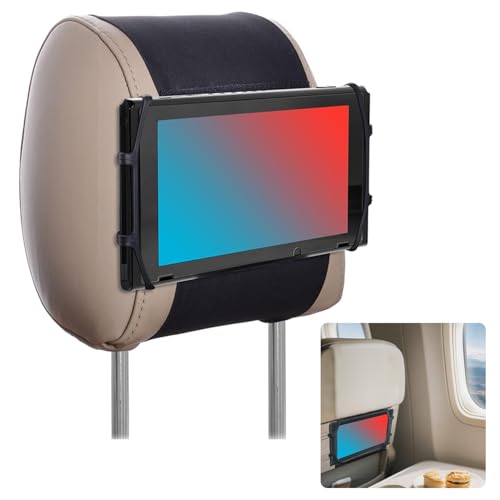 Rubierine Car Headrest Mount Holder for Nintendo Switch 2& 1 Rotatable Silicone Net Holder Compatible with Mini Tablets(710.5) Secure Travel Gaming Stand for Car or Airplane Use