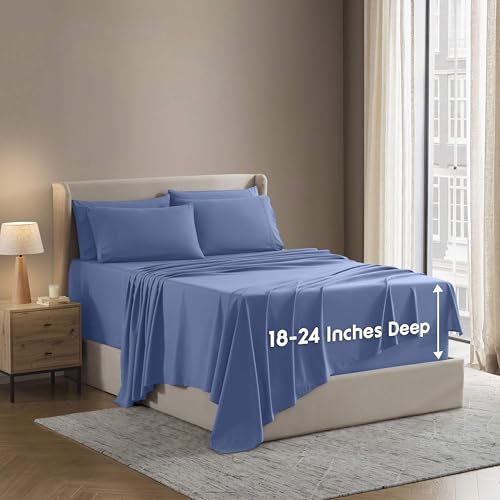 Image of Nestl Extra Deep Queen Sheet Set - 6 Piece Breathable & Cooling Sheets - Hotel Luxury Bedding Set w /18-24 Inch Deep Pockets - Easy & Secure Fit - Super Soft, Wrinkle Free & Comfy - Calm Blue