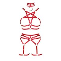 BBOHSS Damen Body Harness Pentagramm BH Set Punk Strumpfband Bein Taille Tanz Elastic Gothic Carnival Zubehör (rot)