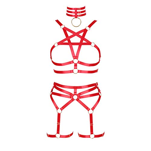 BBOHSS Damen Body Harness Pentagramm BH Set Punk Strumpfband Bein Taille Tanz Elastic Gothic Carnival Zubehör (rot)