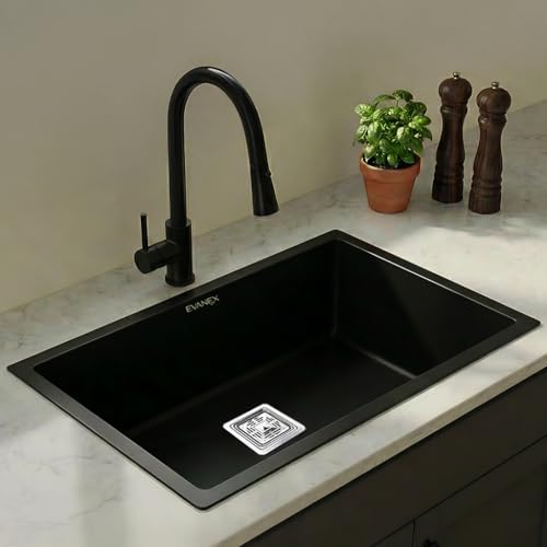 Image of EVANEX Handmade Single Bowl Kitchen Sink 30x18x10 inches|304 Stainless Steel Sink with Matte Finish| Black Kitchen Sink With Coupling, Waste Pipe & Vegetable Washing Basket|Sink for Kitchen Basin