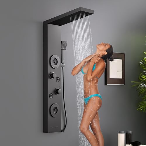 ROVATE Shower Panel Tower System with Rainfall Shower, Elegant Matte Black Shower Tower with Powerful Body Massage Jets, Handheld and Tub Spout, Stainless Steel Shower Column High Pressure - Thumbnail 4