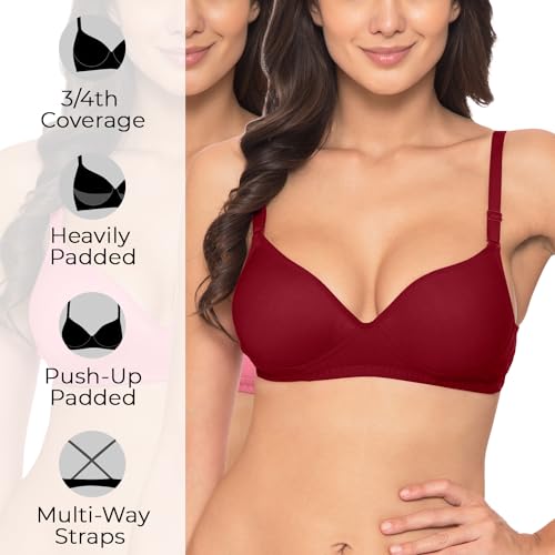 Image of Komli - Heavily Padded Push-Up Bra - Cotton Rich - Balconette - 3 /4th Coverage, Seamless, Wireless, Multiway Straps - T-Shirt Bra (Pack of 2)