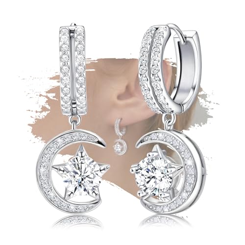 Sterling Silver Earrings for Women Dangle Hoop Charms Hypoallergenic Fashion Jewelry Star Moon Birthday Gift