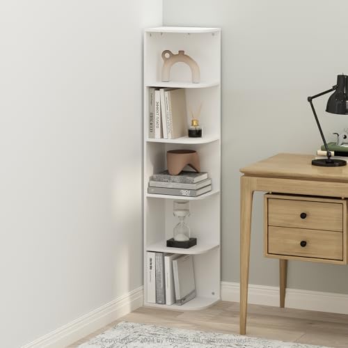 Image of Furinno Reed Corner Shelf, 5-Tier Corner Bookshelf, Book Shelf, Corner Shelves, Storage Rack, for Organization and Storage, Home Office, Living Room, White