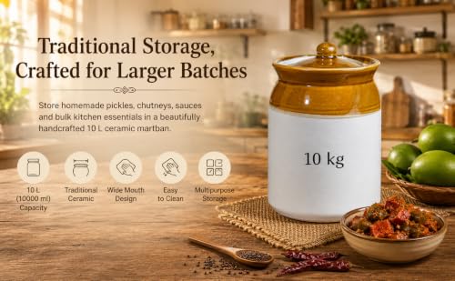 Image of Big 10kg ceramic jar for Kitchen Storage - 10 L Martban Container for Pickles, Chutneys & Sauces (10000 ml)