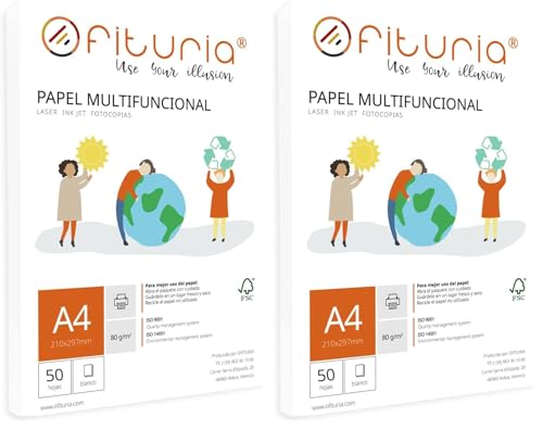 Paquete de folios A4 de 80gr con 50 Hojas Blancas, Papel Multifuncional para Uso Escolar y Entornos Laborales. Ideal con impresoras láser, de inyección o fotocopiadoras - Ofituria (A4, 50h)