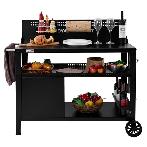 Royal Gourmet PC4401B 3-Tier Dining Cart with Wind Guard Sturdy Structure and Ample Storage Shelves for Indoor & Outdoor usewith Bottle Opener Hooks Wine Rack Multifunctional Side Handle Black