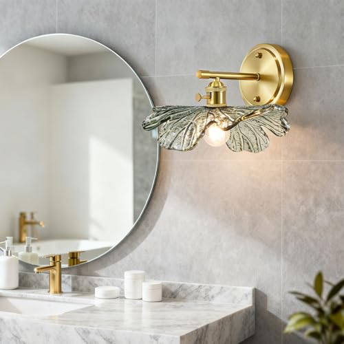 Image of Vintage Bathroom Vanity Light Set of 2 with Dark Green Flower Glass | Art Deco Wall Sconces, Gold Living Room Hallway lighting fixtures, 110V E26 Brass, Supports dimmable bulbs, Easy to install