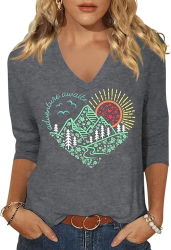 Image of Womens 3 /4 Sleeve V Neck Valentine T Shirts Love Heart Printed Graphic Tee Tops