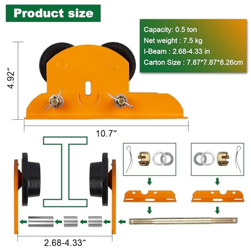 Heavy Duty I-Beam Trolley for Electric Hoist, 0.5 Ton Capacity with Dual Track Rollers, Adjustable Flange for I-Beams, Push Geared Overhead Heavy Duty Wheels Wide Flange (0.5 Ton 4 Wheel)