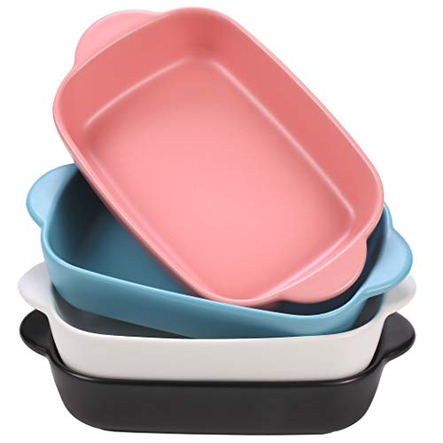 Hoxierence 20 Oz Ceramic Baking Dishes, 7.5 x 5.7 Inch Matte Color Glaze Bakeware with Double Handles, Individual Rectangular Baker for Lasagna, Casserole – Set of 4, 4 colors