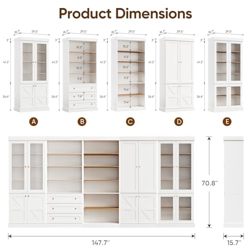 Image of ivaniti 70.8 inch Tall Farmhouse Bookshelf with Doors, Modular Storage Cabinet with 4-Tier Adjustable Shelves, White, Wooden Hutch for Study or Home Office, Set of 2