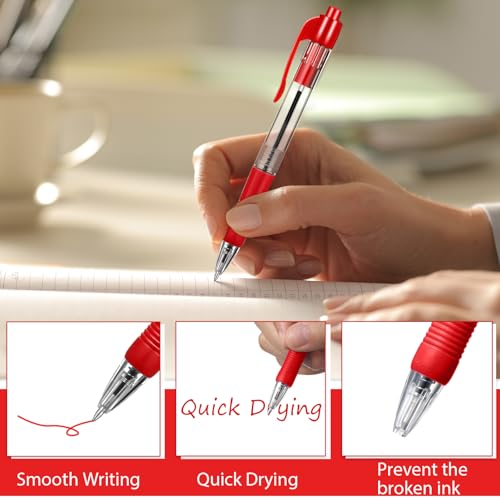 Image of Fainne 200 Pack Retractable Ballpoint Pen 1.0 mm Medium Point Refillable Smooth Click Writing Pens With Grip for Work Journal Writing Office School Supplies (Red Ink)